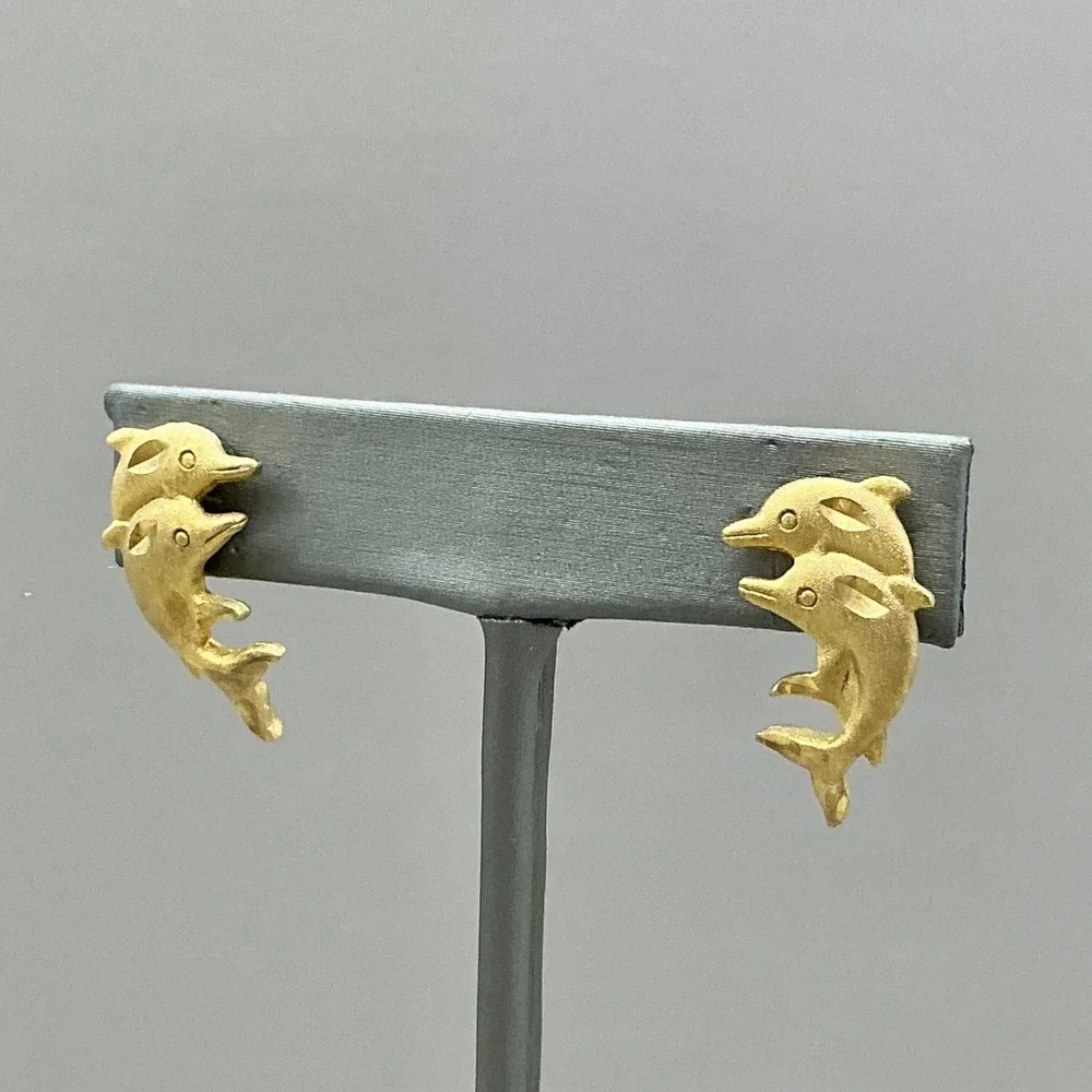 Earrings Women Gold Tone Double Dolphin Nautical Animal Pierced Studs 1 Inch